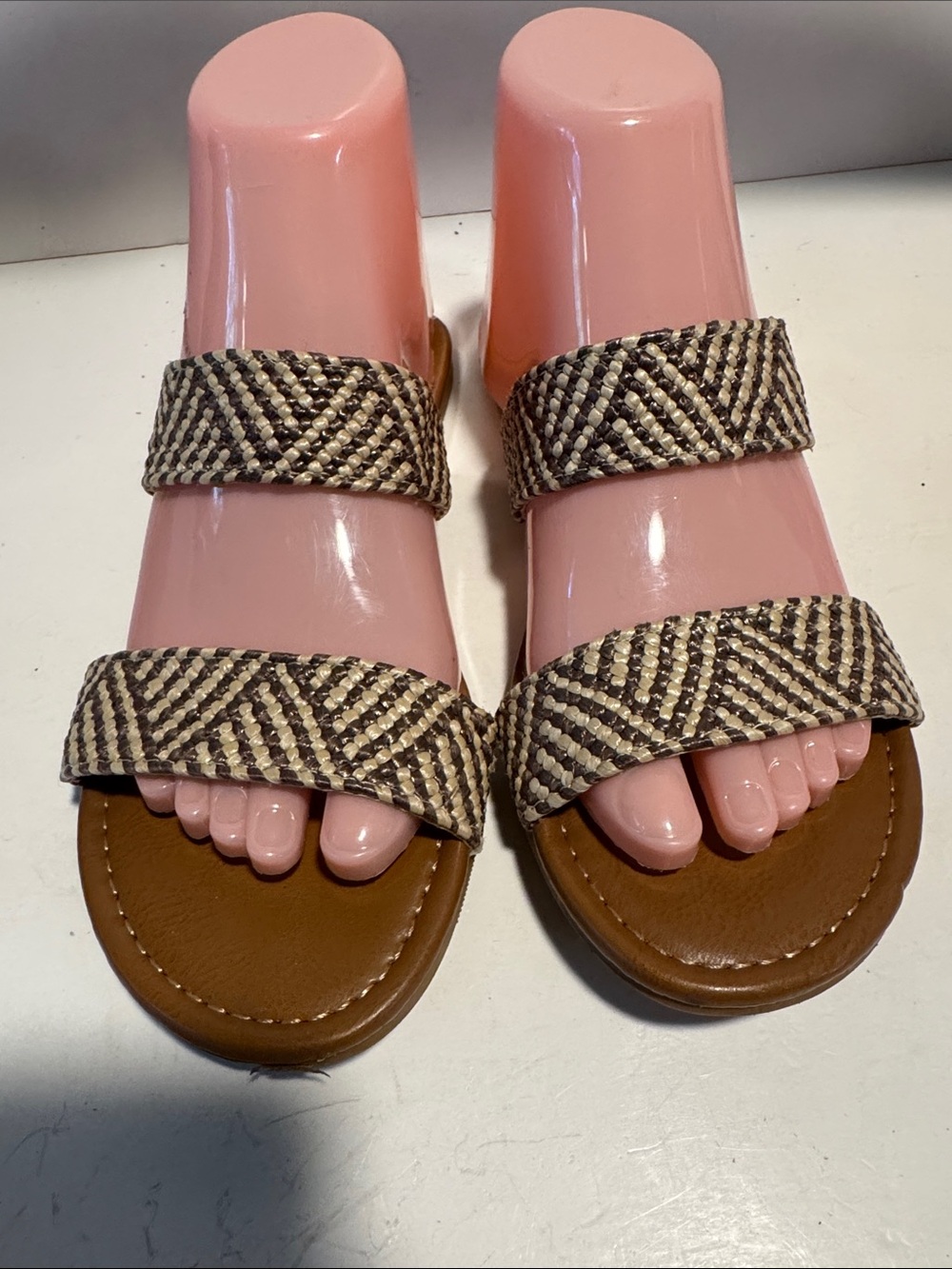 Woven Double-Strap Slide Sandals - Brown/Tan